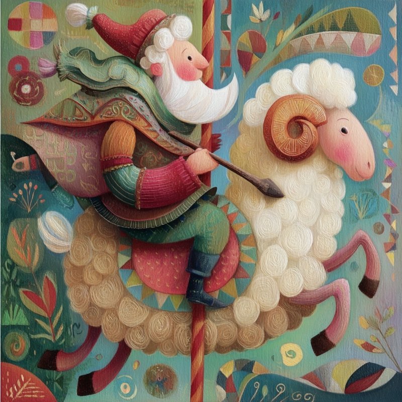 Whimsical Santa Riding Sheep 2
