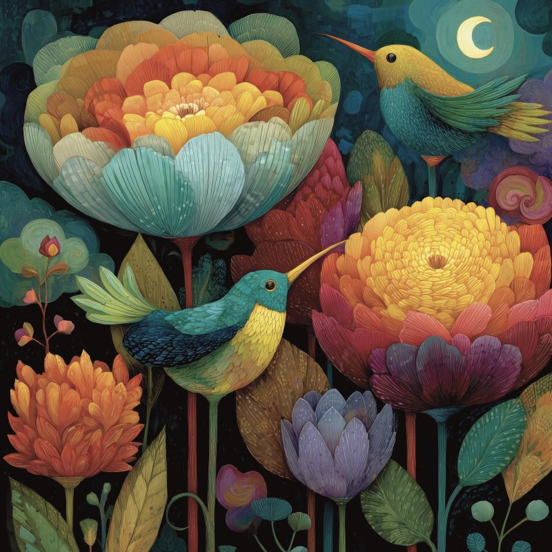 Colorful Hummingbirds and Flowers